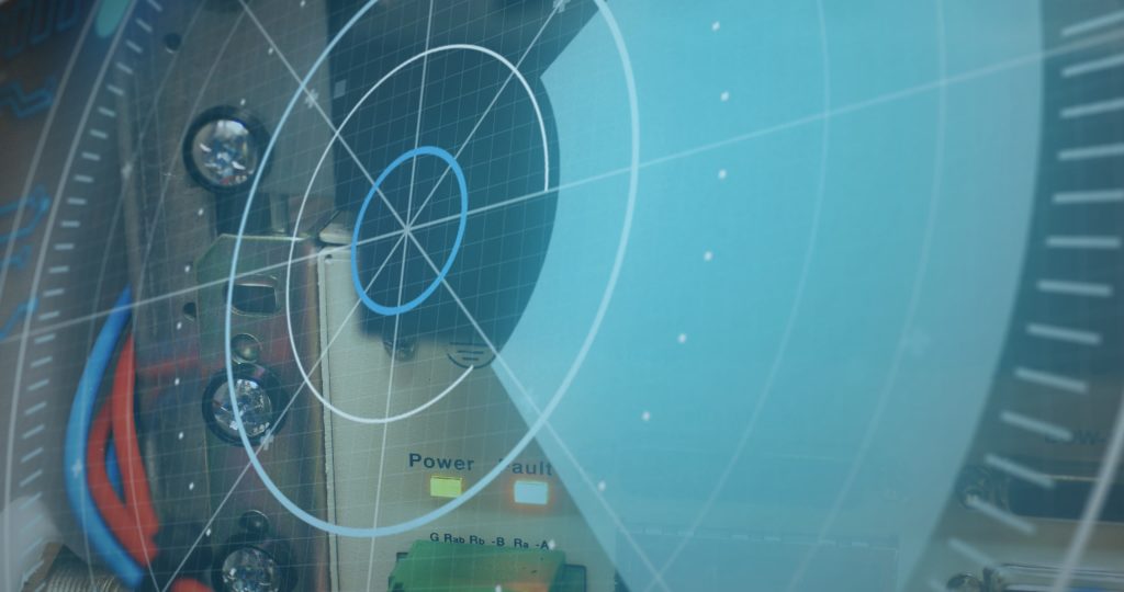 A radar screen displays tracking information, with copy space. Essential in navigation in maritime operations.