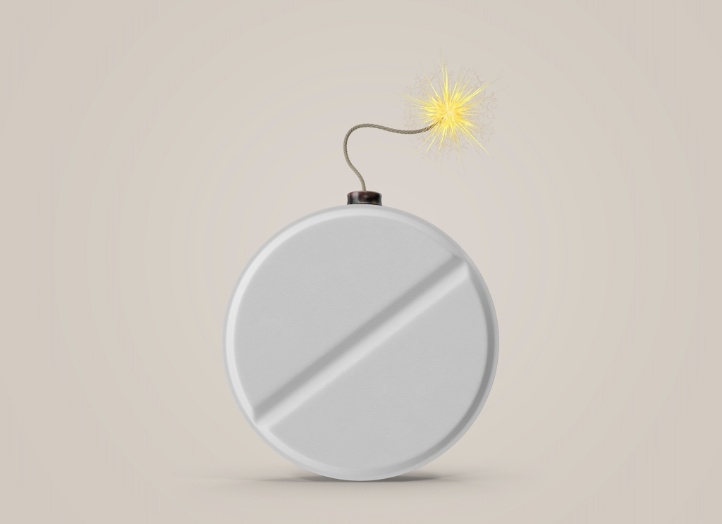 Creative illustration of a pill designed as a ticking time bomb, representing the urgent global risk of antimicrobial resistance. Featured in The International Risk Podcast discussion with Dr. Ramanan Laxminarayan.