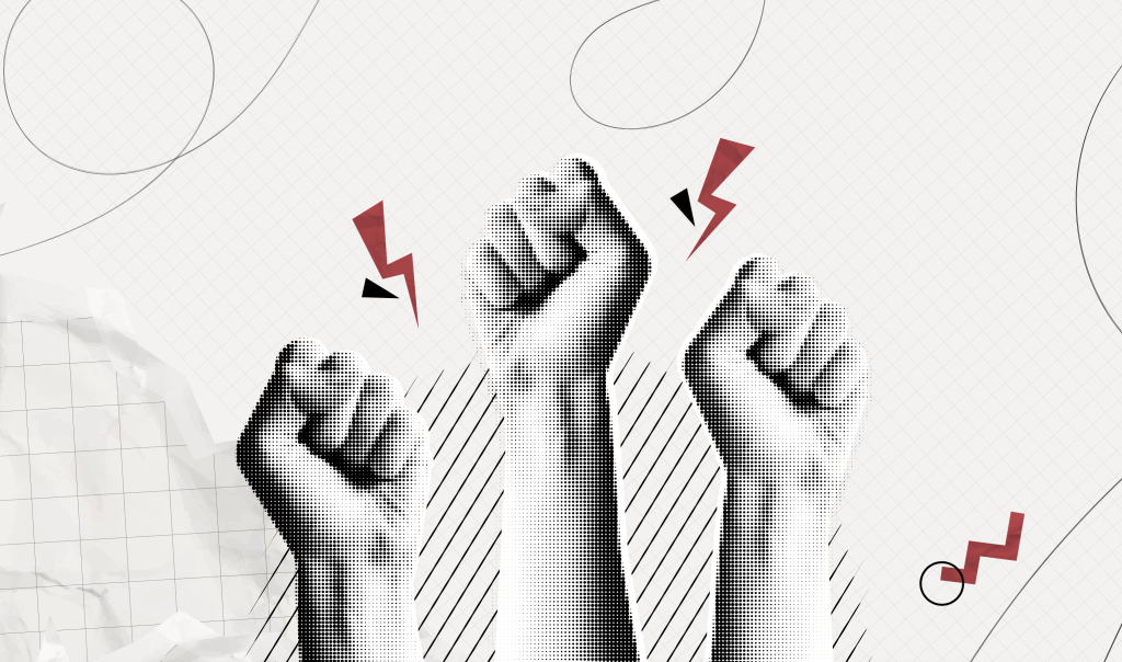 Illustration of raised fists symbolizing protest, youth activism, and populism in the Middle East.