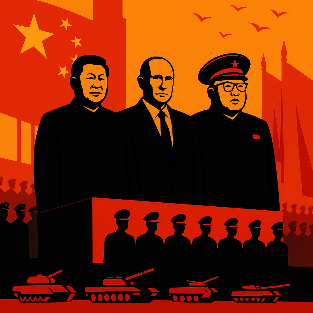 Stylized propaganda-style illustration of Xi Jinping, Vladimir Putin, and Kim Jong-Un standing together at a military parade in Beijing with tanks and soldiers below.