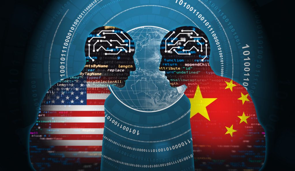 Silhouettes of AI neural heads facing each other with U.S. and Chinese flags in the background, symbolizing technological and geopolitical risks.