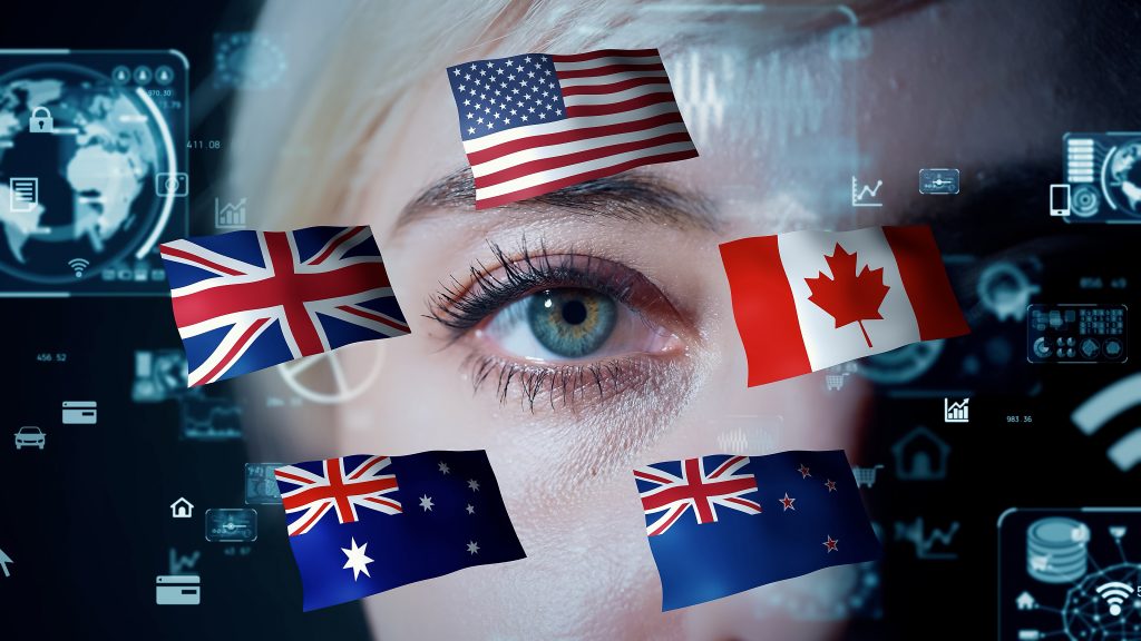 Close-up of a human eye surrounded by the national flags of the United States, United Kingdom, Canada, Australia, and New Zealand symbolizing the Five Eyes intelligence alliance.