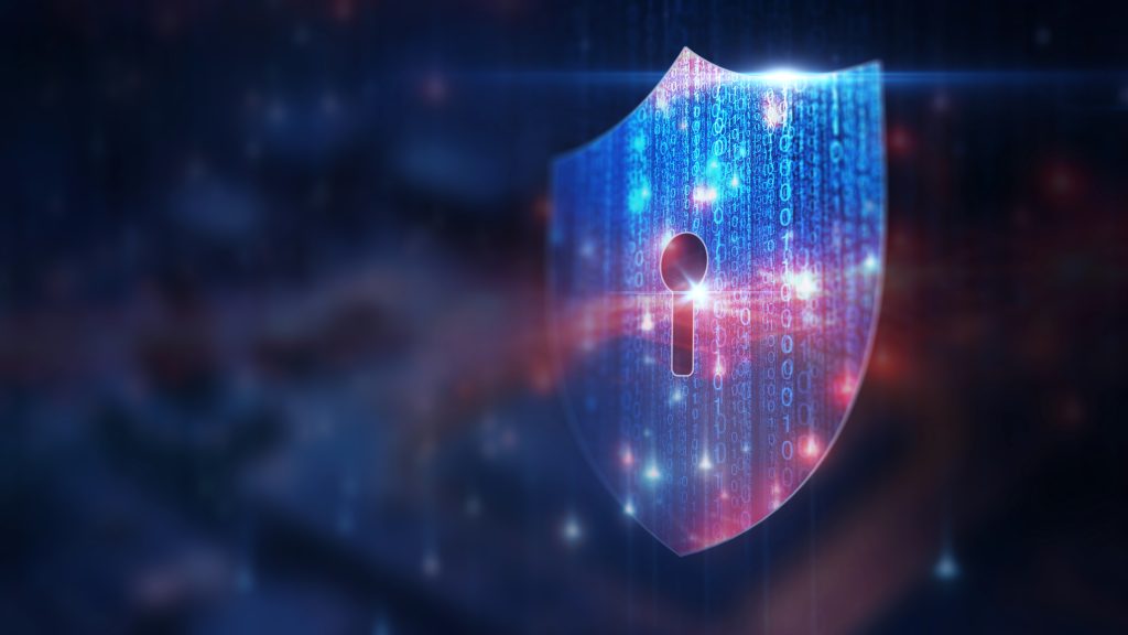 Illustration of a glowing shield composed of binary code and a lock icon. Represents quantum-safe cybersecurity and the protection of digital trust highlighted in Professor Michele Mosca’s International Risk Podcast interview.