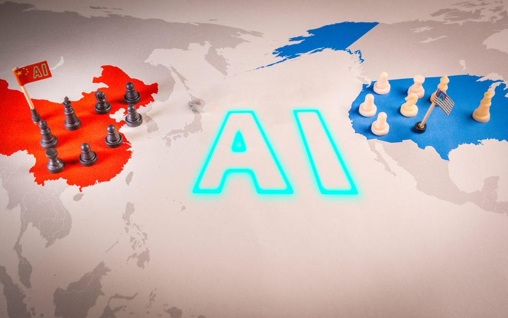 Chess pieces placed on maps of the United States and China with the glowing word AI between them, representing the geopolitical risks of the global AI race.