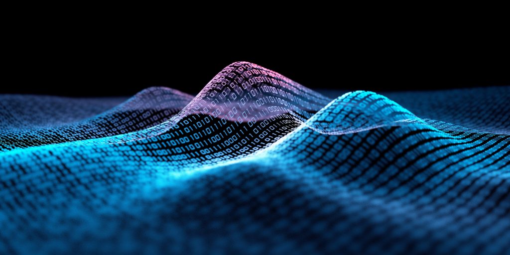 A 3D digital wave made of binary code representing artificial intelligence analysis of satellite and ocean-domain data.