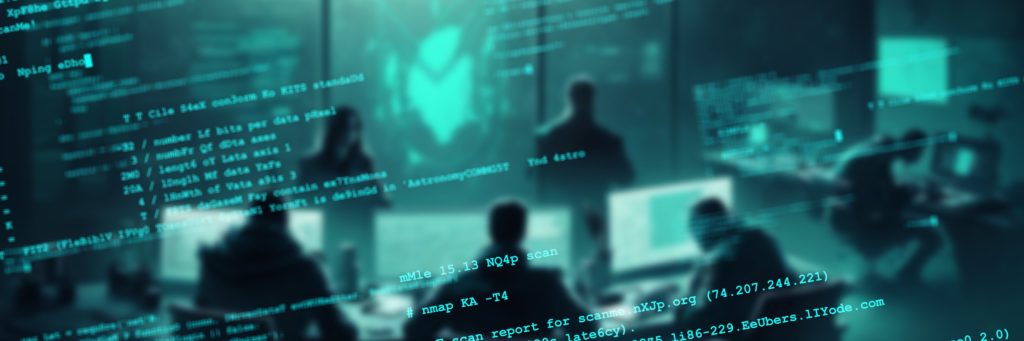 A dark cybersecurity operations room with analysts working at computer screens, overlaid with scrolling code and digital threat indicators, representing cyber attacks, hacking activity and hybrid security operations.