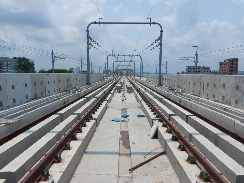 A modern rail line under construction with concrete supports and overhead wiring, symbolising critical transport infrastructure and resilience planning.
