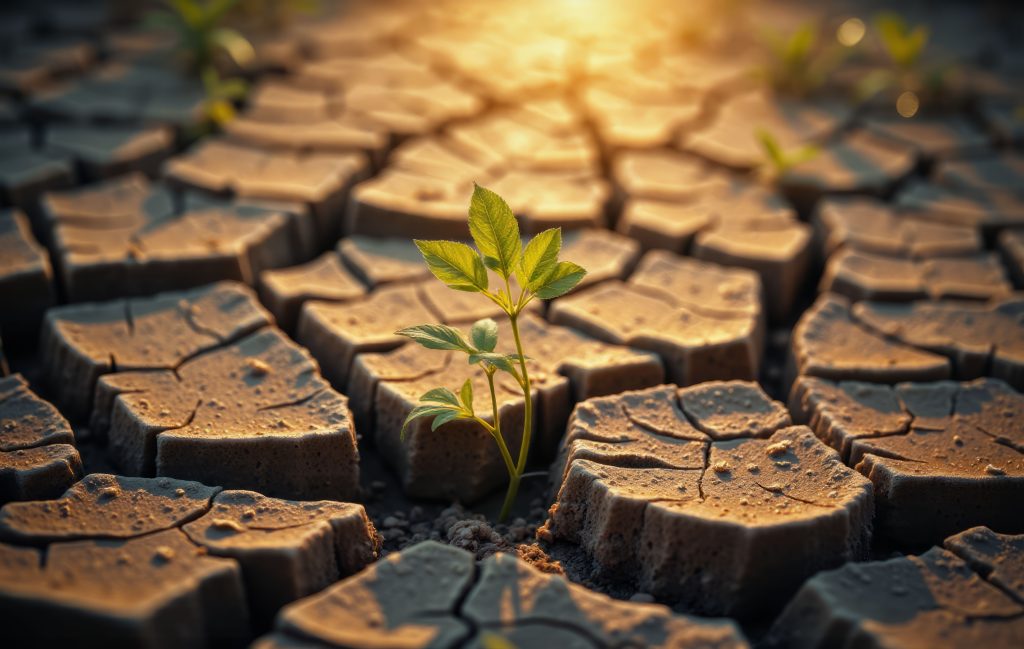 A seedling pushes through dry earth, symbolising resilience in the face of climate change. Earth observation data helps monitor droughts and guide recovery.
