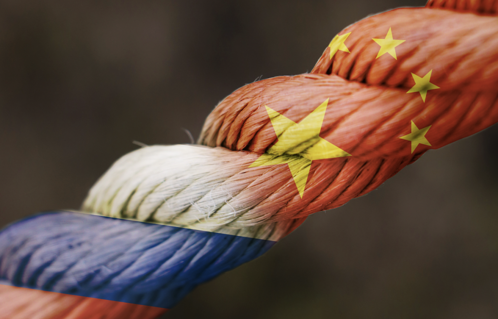 Twisted rope combining the Chinese and Russian flags, representing the strategic relationship between China and Russia in global geopolitics