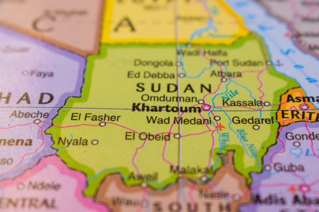 Map of Sudan highlighting Khartoum, Darfur and Port Sudan during ongoing Sudan conflict and territorial fragmentation