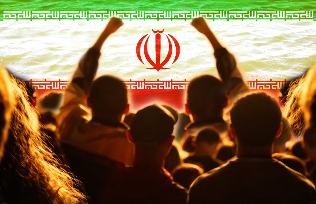 Silhouetted protesters raising fists in front of the Iranian flag, representing social unrest, economic hardship, and political tensions in Iran