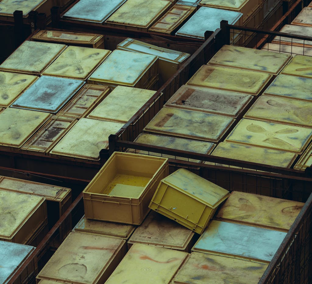Overhead view of yellow and weathered plastic storage bins arranged neatly.