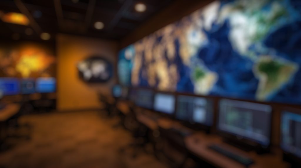 Global security operations centre monitoring climate and geopolitical risks through real-time data systems and satellite mapping